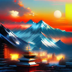  himalaya in japanA highly detailed digital painting of a picturesque cityscape at sunset, in the style of impressionism, with vibrant colors and soft lighting.