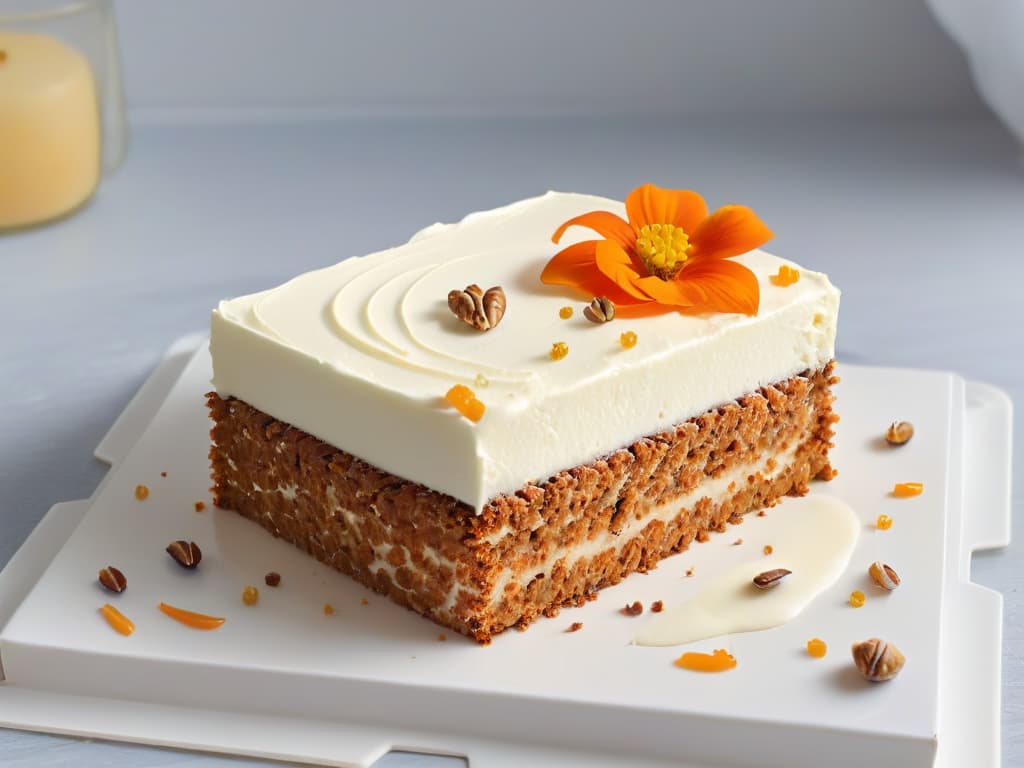  A minimalistic and highly detailed image of a slice of carrot cake on a modern white plate, garnished with a delicate swirl of cream cheese frosting, a sprinkle of crushed walnuts, and a vibrant orange edible flower on the side. The cake is placed on a sleek marble countertop with soft natural lighting illuminating the scene, highlighting the textures and colors of the dessert. hyperrealistic, full body, detailed clothing, highly detailed, cinematic lighting, stunningly beautiful, intricate, sharp focus, f/1. 8, 85mm, (centered image composition), (professionally color graded), ((bright soft diffused light)), volumetric fog, trending on instagram, trending on tumblr, HDR 4K, 8K