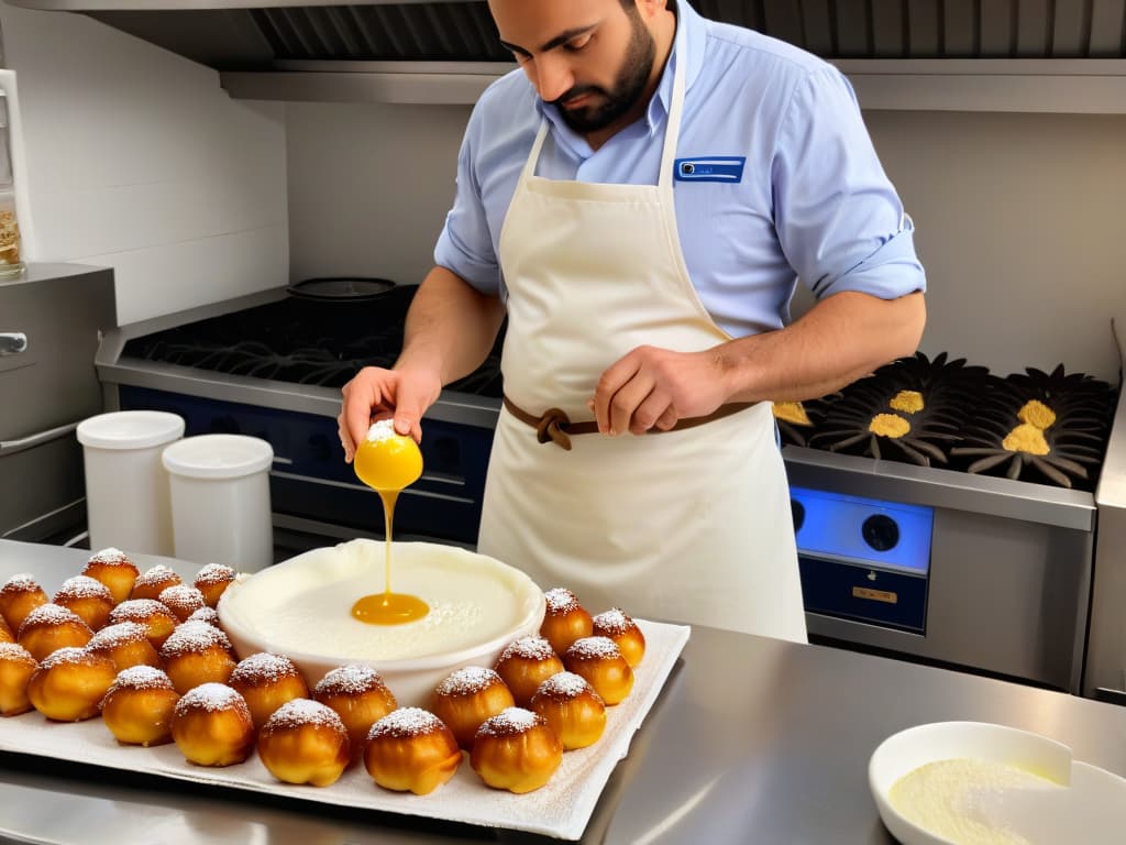  An image of a Greek chef in a pristine white apron expertly crafting a batch of goldenbrown loukoumades in a traditional kitchen setting. The chef's hands are skillfully shaping the dough into perfect round balls before delicately dropping them into sizzling hot oil. The background showcases shelves filled with jars of honey, bowls of nuts, and stacks of fresh ingredients, immersing the viewer in the authentic process of making this delectable Greek dessert. hyperrealistic, full body, detailed clothing, highly detailed, cinematic lighting, stunningly beautiful, intricate, sharp focus, f/1. 8, 85mm, (centered image composition), (professionally color graded), ((bright soft diffused light)), volumetric fog, trending on instagram, trending on tumblr, HDR 4K, 8K