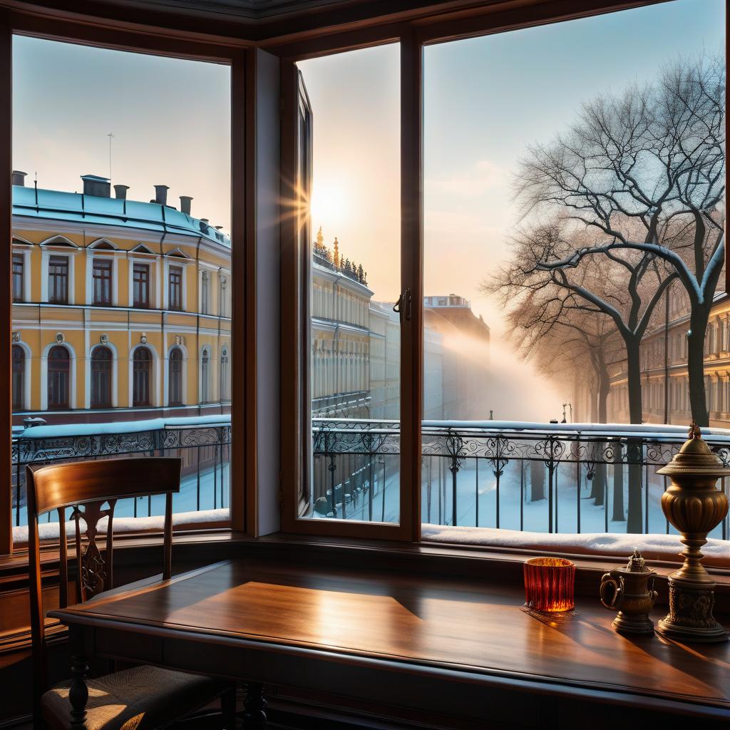  hyperrealistic art St. Petersburg, open panoramic window, table, chair, hanged man in shorts, winter outside the window, faded . extremely high resolution details, photographic, realism pushed to extreme, fine texture, incredibly lifelike hyperrealistic, full body, detailed clothing, highly detailed, cinematic lighting, stunningly beautiful, intricate, sharp focus, f/1. 8, 85mm, (centered image composition), (professionally color graded), ((bright soft diffused light)), volumetric fog, trending on instagram, trending on tumblr, HDR 4K, 8K