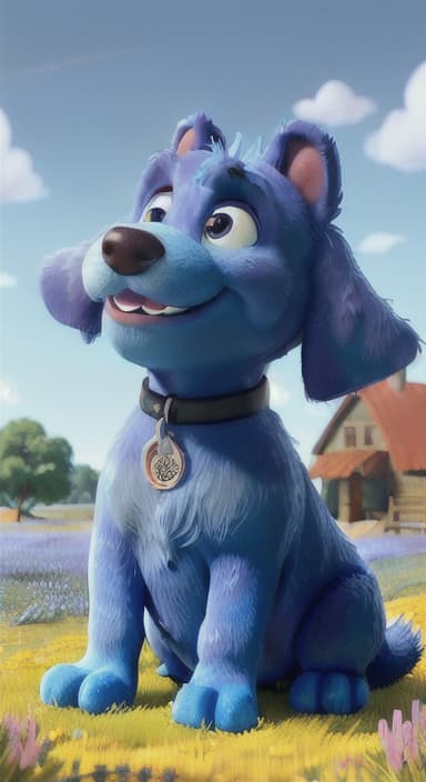  {A happy, big blue dog wagging its tail in a colorful meadow, The big blue dog is large with sky blue fur, big round eyes, a black nose, and floppy ears.