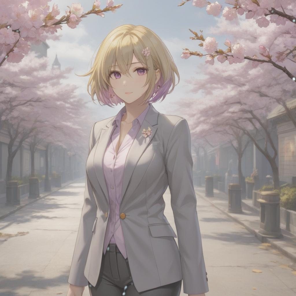  Concept art, girl, short cherry blossom hair, two loose strands on the sides, golden eyes, gray blazer, purple elements. hyperrealistic, full body, detailed clothing, highly detailed, cinematic lighting, stunningly beautiful, intricate, sharp focus, f/1. 8, 85mm, (centered image composition), (professionally color graded), ((bright soft diffused light)), volumetric fog, trending on instagram, trending on tumblr, HDR 4K, 8K