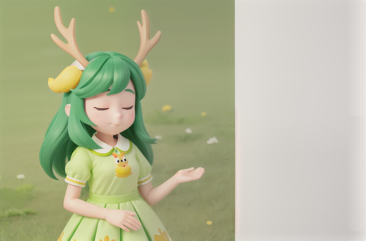  masterpiece, best quality, cartoon cute sunny girl light green clothes fresh antlers