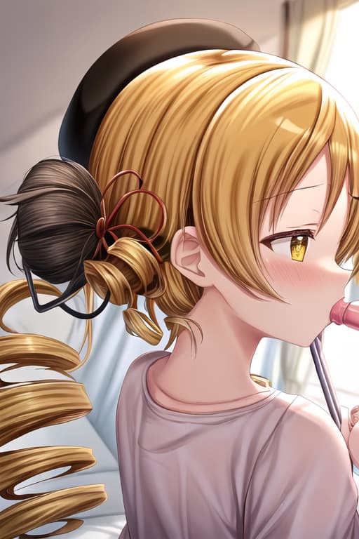  tomoe mami,large,puella magi madoka magica,short long hair,bangs are side parted hair,yellow hair,drill hair,wearing tight,yellow neck ribbon ,black mini cap,,vacuum fellatio,:>=,,fellatio,,view from behind,face focus,1 long,fellatio with head held by hand,in mouth,background of bed room,