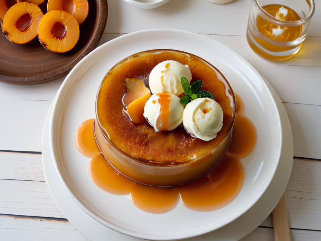  A minimalist, highresolution image of a freshly baked Malva Pudding, served in an elegant white dessert bowl on a rustic wooden table. The pudding is topped with a drizzle of warm apricot glaze, accompanied by a dollop of vanilla ice cream melting gently on the side. The soft golden hues of the pudding contrast beautifully with the stark white bowl, creating a visually striking and mouthwatering composition. hyperrealistic, full body, detailed clothing, highly detailed, cinematic lighting, stunningly beautiful, intricate, sharp focus, f/1. 8, 85mm, (centered image composition), (professionally color graded), ((bright soft diffused light)), volumetric fog, trending on instagram, trending on tumblr, HDR 4K, 8K