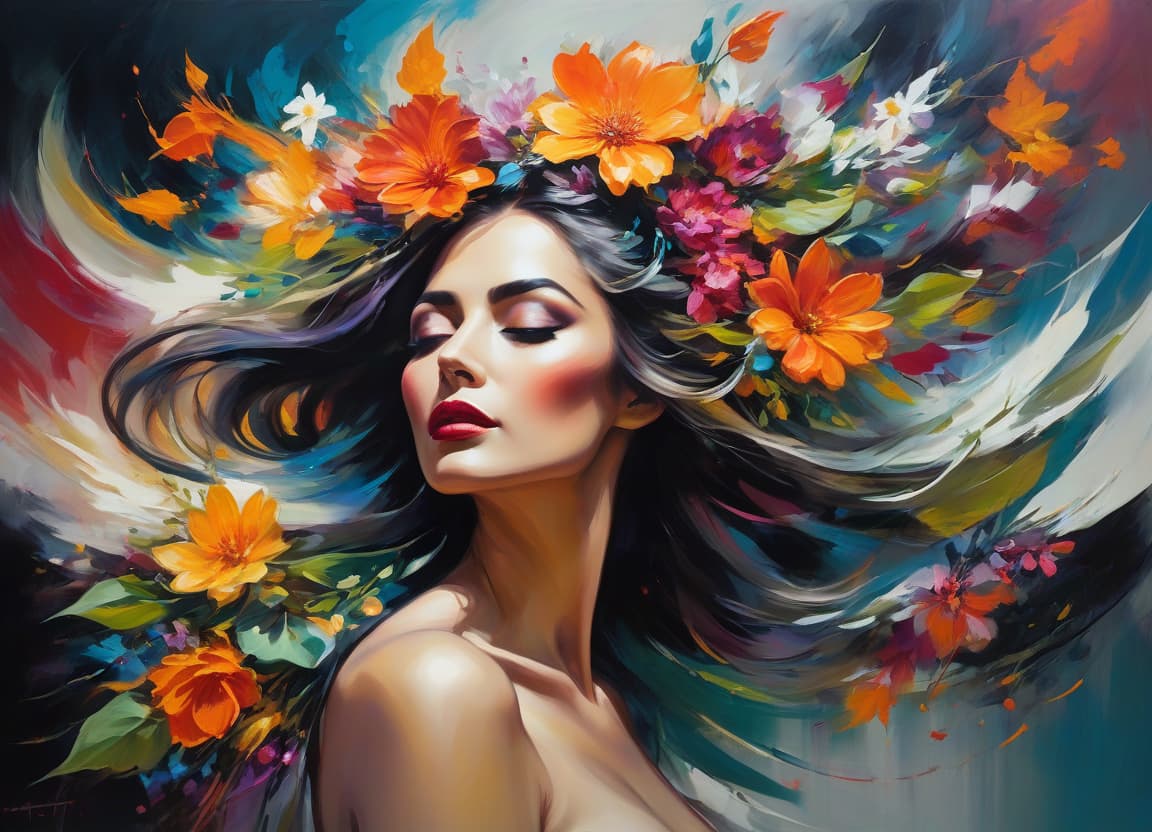  abstract expressionist painting An illustration of a woman with flowers in her hair and as part of her flowing attire, blending nature and beauty in a fantasy style . energetic brushwork, bold colors, abstract forms, expressive, emotional hyperrealistic, full body, detailed clothing, highly detailed, cinematic lighting, stunningly beautiful, intricate, sharp focus, f/1. 8, 85mm, (centered image composition), (professionally color graded), ((bright soft diffused light)), volumetric fog, trending on instagram, trending on tumblr, HDR 4K, 8K