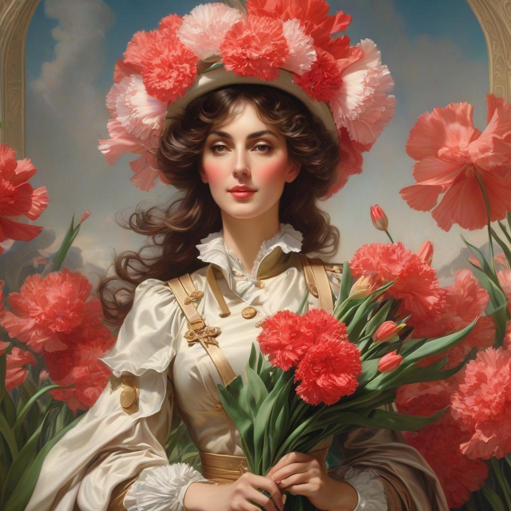  May 9 сelebration. Carnations, tulips, St. George's ribbon. Spring, joy. A girl in military garb. Alfonso Mucha, Honoré Fargonard. hyperrealistic, full body, detailed clothing, highly detailed, cinematic lighting, stunningly beautiful, intricate, sharp focus, f/1. 8, 85mm, (centered image composition), (professionally color graded), ((bright soft diffused light)), volumetric fog, trending on instagram, trending on tumblr, HDR 4K, 8K