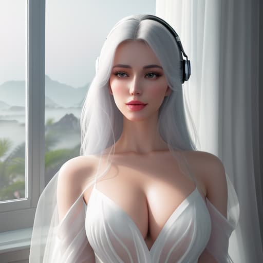  analog style, best quality, gorgeous young Swiss sitting by window with headphones on, wearing white with translucent shirt over, soft lips, beach hair, octane render, unreal engine, photograph, realistic skin texture, photorealistic, hyper realism, highly detailed, 85mm portrait photography, award winning, hard rim lighting photography hyperrealistic, full body, detailed clothing, highly detailed, cinematic lighting, stunningly beautiful, intricate, sharp focus, f/1. 8, 85mm, (centered image composition), (professionally color graded), ((bright soft diffused light)), volumetric fog, trending on instagram, trending on tumblr, HDR 4K, 8K