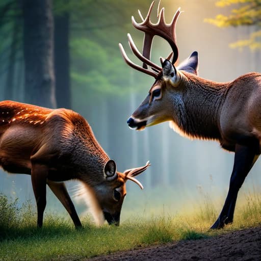  deer fighting hyperrealistic, full body, detailed clothing, highly detailed, cinematic lighting, stunningly beautiful, intricate, sharp focus, f/1. 8, 85mm, (centered image composition), (professionally color graded), ((bright soft diffused light)), volumetric fog, trending on instagram, trending on tumblr, HDR 4K, 8K