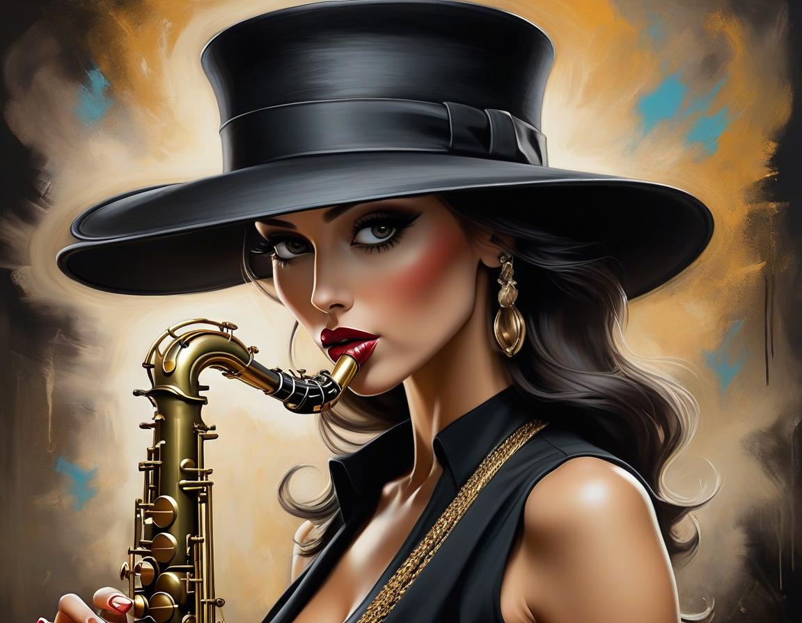  concept art An exquisite depiction of woman in a black hat playing the saxophone, with Louis Jover and Drew Darcy inspired style. The artwork is highly detailed, elegant, and intricate, featuring dynamic lighting and imperial colors. It is a stunning piece with a surreal and ultra realistic touch, created using oil on canvas with a focus on sharp details . digital artwork, illustrative, painterly, matte painting, highly detailed hyperrealistic, full body, detailed clothing, highly detailed, cinematic lighting, stunningly beautiful, intricate, sharp focus, f/1. 8, 85mm, (centered image composition), (professionally color graded), ((bright soft diffused light)), volumetric fog, trending on instagram, trending on tumblr, HDR 4K, 8K