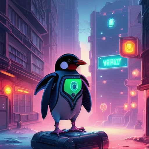  Armored penguin, sci fi, concept art, A city at night. neon lights