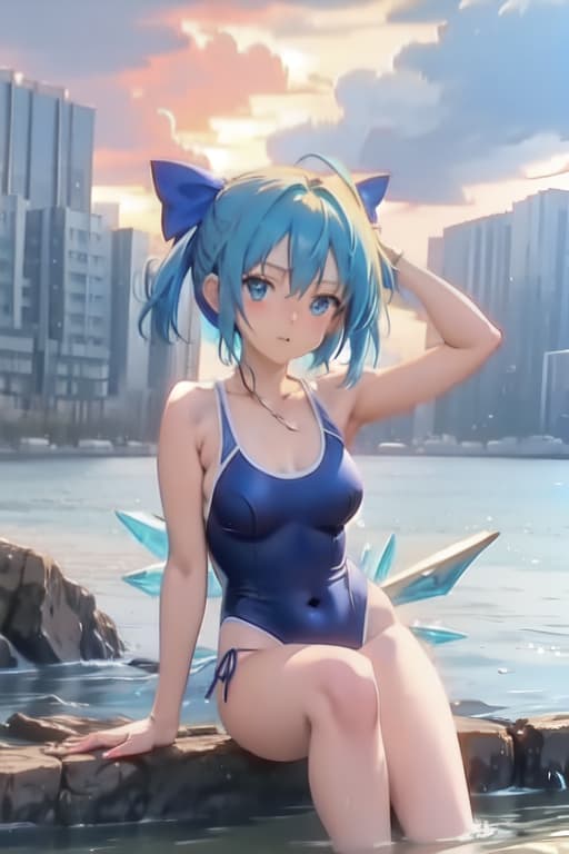  Cirno, one piece swimsuit, manga style