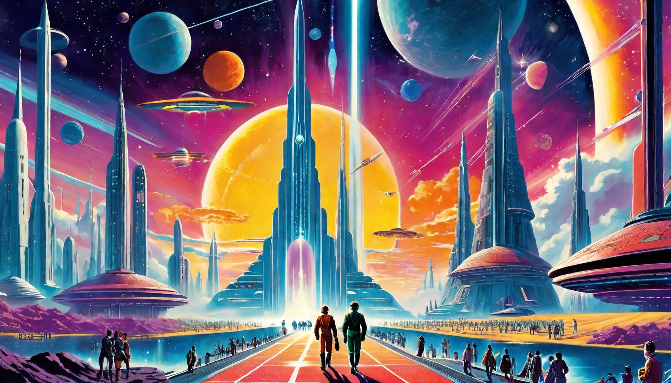  retro futuristic A cosmic gateway opening in the sky, with people of all ages walking towards it, symbolizing humanity's integration into the galactic community. Gateway to the stars, humanity's ascension, cosmic integration. lvintage sci fi, 50s and 60s style, atomic age, vibrant, highly detailed