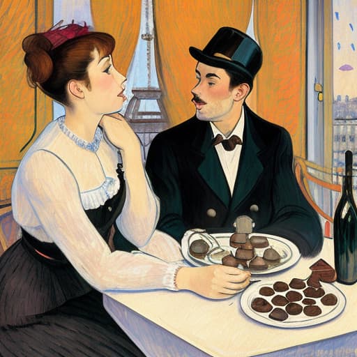  attractive young Parisian couple dressed in modern designer outfits who are romantically together in Paris. Foreground a small plate of fine dark chocolates on a bedside table. Background dusk with a lite Eiffel Tour Monument. Painting style of Henri de Toulouse-Lautrec