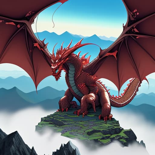  A giant dragon gazing at you from over a mountain peak.