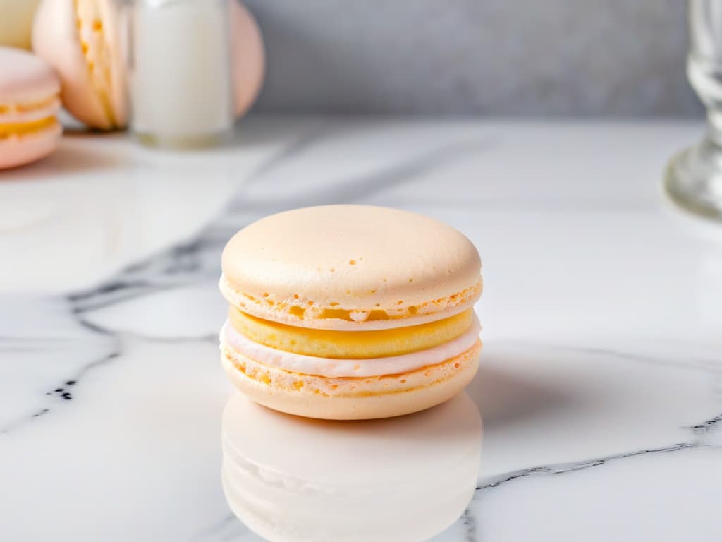  A closeup, highresolution image of a delicate, perfectly baked macaron with a smooth, glossy surface, showcasing the intricate feet and pastel color of the French pastry. The macaron is elegantly placed on a sleek, modern marble countertop with soft natural lighting that highlights its texture and vibrant color. hyperrealistic, full body, detailed clothing, highly detailed, cinematic lighting, stunningly beautiful, intricate, sharp focus, f/1. 8, 85mm, (centered image composition), (professionally color graded), ((bright soft diffused light)), volumetric fog, trending on instagram, trending on tumblr, HDR 4K, 8K