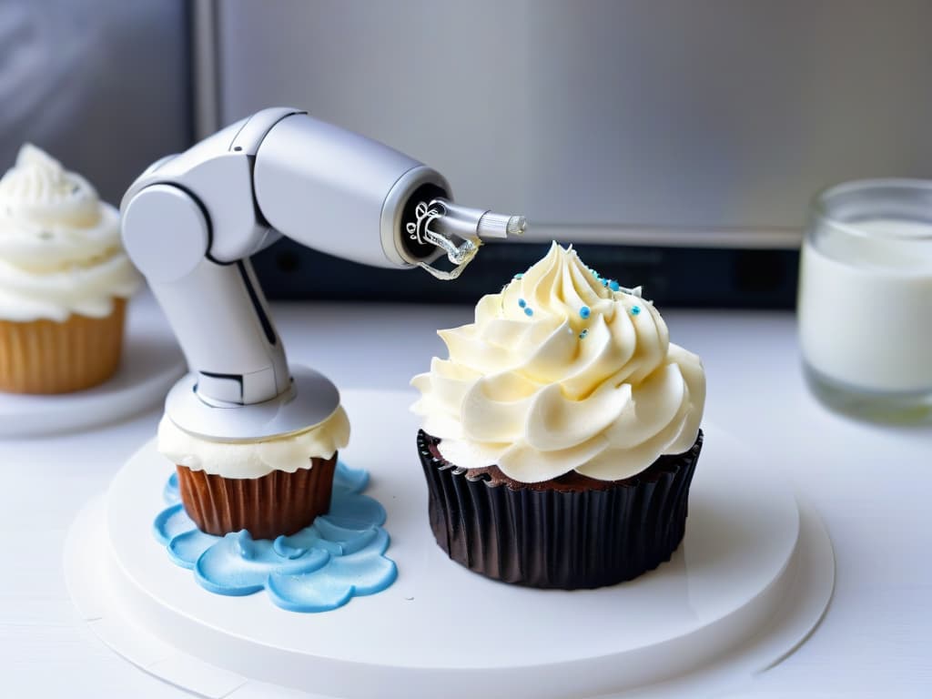  A closeup, ultradetailed image of a sleek, silver robotic arm delicately piping intricate frosting swirls onto a perfectly crafted mini cupcake. The precision of the robotic arm is highlighted by the flawless consistency of the frosting design, showcasing the innovative technology behind bakery automation. The background is a soft focus of a modern, pristine bakery kitchen, emphasizing the seamless integration of robotics in the culinary world. hyperrealistic, full body, detailed clothing, highly detailed, cinematic lighting, stunningly beautiful, intricate, sharp focus, f/1. 8, 85mm, (centered image composition), (professionally color graded), ((bright soft diffused light)), volumetric fog, trending on instagram, trending on tumblr, HDR 4K, 8K