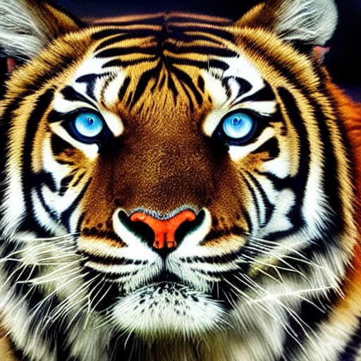  A robotic tiger with glowing eyes and metallic fur. Apply the Following Styles Cinematic hyperrealistic, full body, detailed clothing, highly detailed, cinematic lighting, stunningly beautiful, intricate, sharp focus, f/1. 8, 85mm, (centered image composition), (professionally color graded), ((bright soft diffused light)), volumetric fog, trending on instagram, trending on tumblr, HDR 4K, 8K