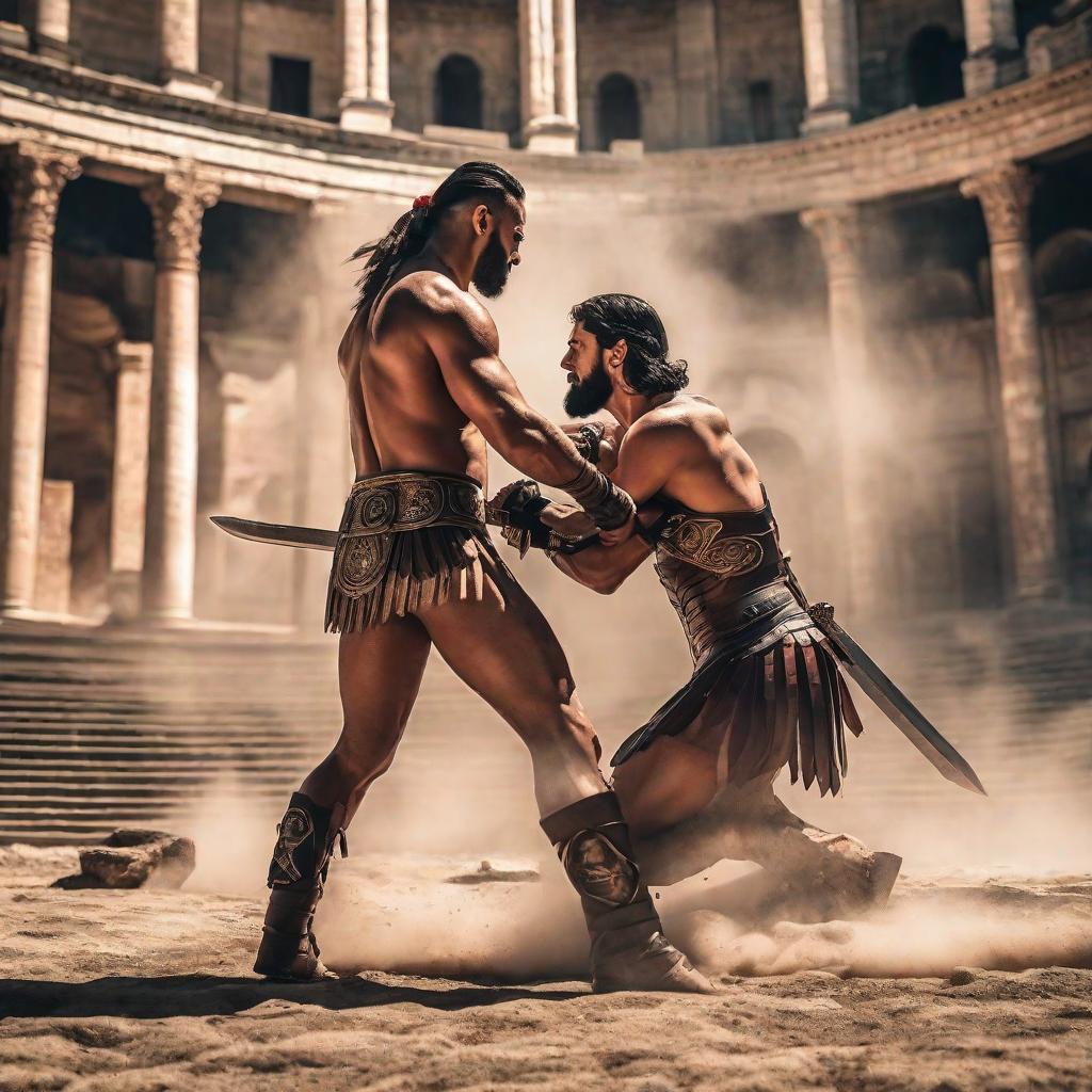  two topless gladiatrix fight whit sword in the roman coliseum hyperrealistic, full body, detailed clothing, highly detailed, cinematic lighting, stunningly beautiful, intricate, sharp focus, f/1. 8, 85mm, (centered image composition), (professionally color graded), ((bright soft diffused light)), volumetric fog, trending on instagram, trending on tumblr, HDR 4K, 8K