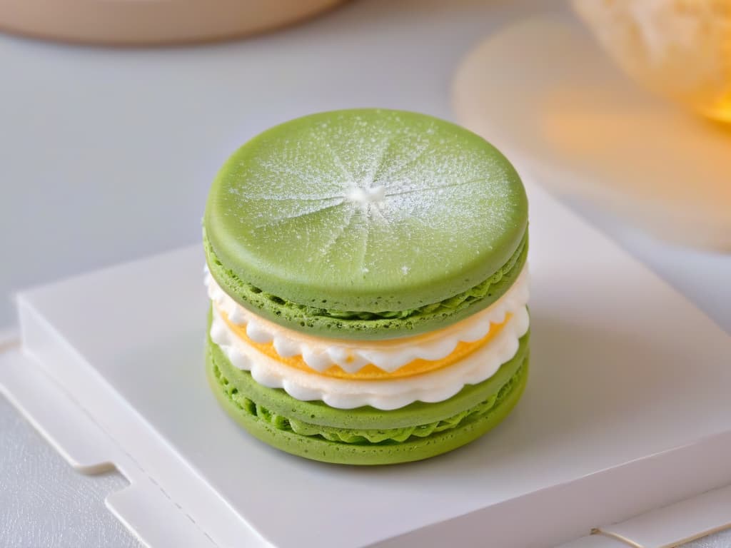  A closeup, ultradetailed image of a perfectly crafted miniature macaron, showcasing intricate details of the delicate shell texture, smooth filling, and vibrant color combinations. hyperrealistic, full body, detailed clothing, highly detailed, cinematic lighting, stunningly beautiful, intricate, sharp focus, f/1. 8, 85mm, (centered image composition), (professionally color graded), ((bright soft diffused light)), volumetric fog, trending on instagram, trending on tumblr, HDR 4K, 8K