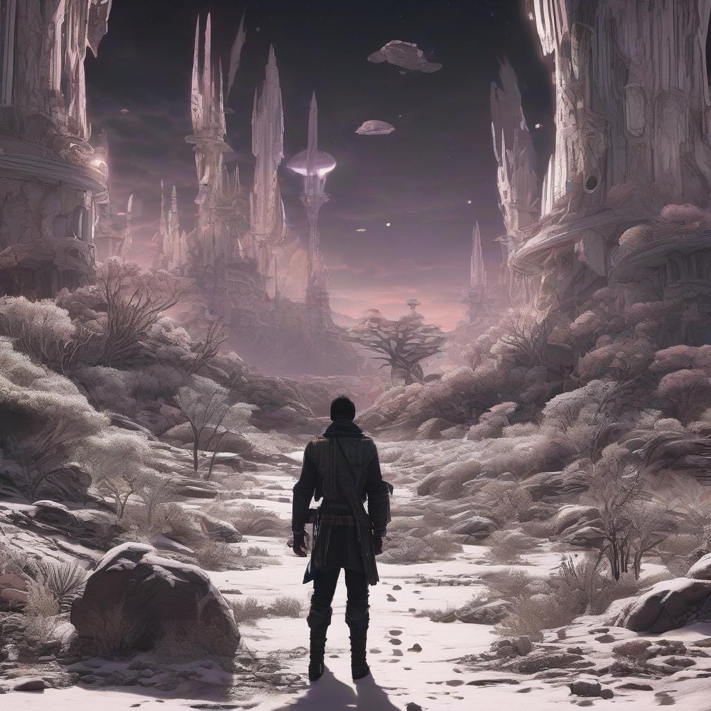  A dark, atmospheric illustration depicting the hostile and evolving world of planet Eridan. The image should showcase a desolate, alien landscape with twisted, organic structures and bioluminescent flora. In the foreground, a silhouette of the protagonist, a mutable creature, is seen exploring the dangerous environment. The art style should be detailed and moody, with a focus on creating a sense of unease and wonder hyperrealistic, full body, detailed clothing, highly detailed, cinematic lighting, stunningly beautiful, intricate, sharp focus, f/1. 8, 85mm, (centered image composition), (professionally color graded), ((bright soft diffused light)), volumetric fog, trending on instagram, trending on tumblr, HDR 4K, 8K