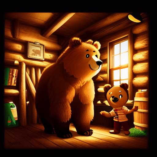  a boy next to a bear, in the cabin, dim light