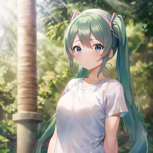  master piece , best quality, kawaii hatsune miku with glowing skin and perfect symmetrical face with blush cheeks, sports festival,wearing the round neck white t shirt, narrow headband,navy blue Sweatpants, standing in a yard a morning, 45 angle by krenz cushart and Mucha, golden hour lighting, strong rim light, intense shadows, by Canon EOS, SIGMA Art Lens 35mm F1.4, ISO 200 Shutter Sd 2000