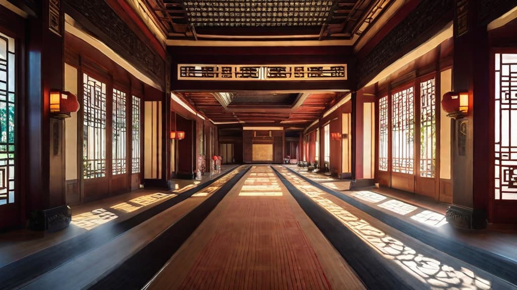  Masterpiece, best quality, a hall of the Prince's Mansion decorated with intricate wood carvings, soft sunlight streaming in from large windows and casting warm light on a dark-patterned carpet. The air is filled with sweet incense. The atmosphere is calm and peaceful, bringing the audience back to the elegance and affluence of the Tang Dynasty. The style is reminiscent of traditional Chinese painting, with bright colors and meticulous attention to detail. The lighting is soft and natural, creating a harmonious blend of shadows and highlights. Capture every delicate stroke and architectural feature by shooting with a high-resolution camera