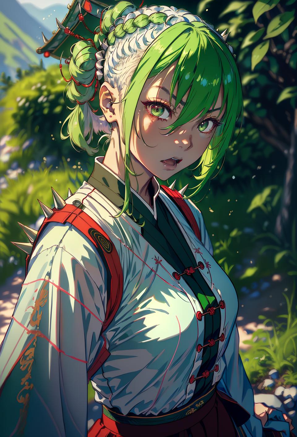  ((trending, highres, masterpiece, cinematic shot)), 1girl, young, female chinese outfit, hiking scene, long spiked light green hair, shaved head, large white eyes, doting personality, angry expression, red skin, magical, energetic