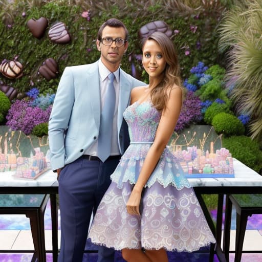  Beautiful Jessica Alba and boyfriend looking down (lace multi colored pastel designer dress, men’s blue business suit)(dark shadowed lighting)(Superrealism)(Foreground: open small box of fine dark chocolates on a reflective marble serving table) Background lush garden with fountain.