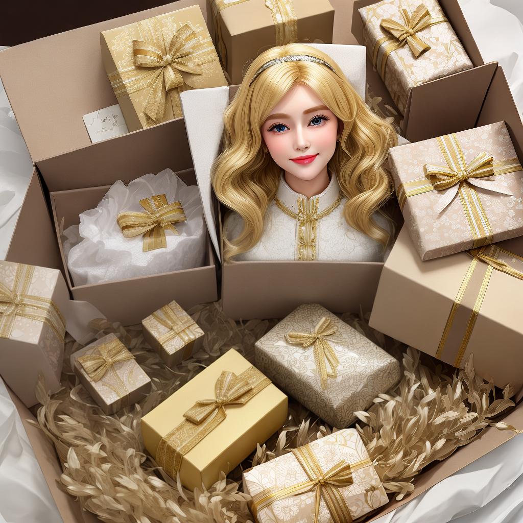  Masterpiece, best quality, blonde beauty hands American grandma gift box, gift box wrapped in exquisite packaging, warm scene