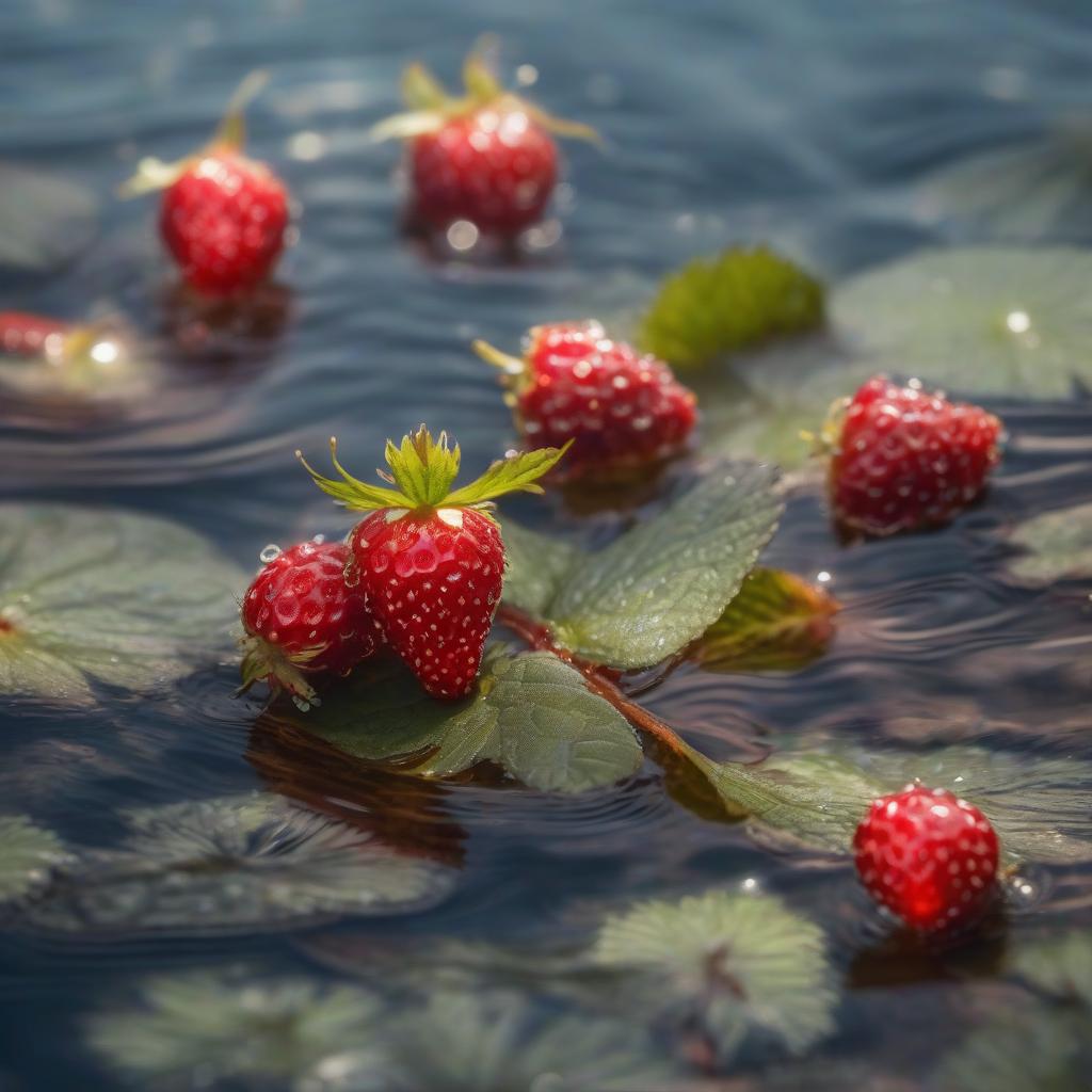  wild strawberries in the water hyperrealistic, full body, detailed clothing, highly detailed, cinematic lighting, stunningly beautiful, intricate, sharp focus, f/1. 8, 85mm, (centered image composition), (professionally color graded), ((bright soft diffused light)), volumetric fog, trending on instagram, trending on tumblr, HDR 4K, 8K