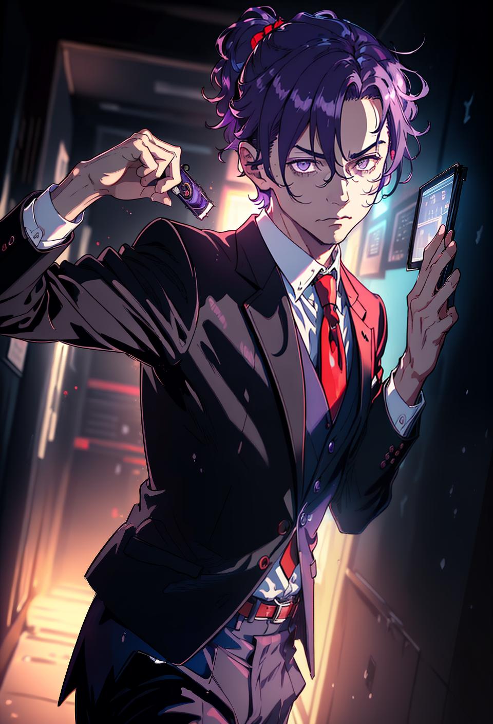  ((trending, highres, masterpiece, cinematic shot)), 1boy, mature, male business attire, dark cavern scene, short straight purple hair, short ponytail, large grey eyes, rational personality, scared expression, red skin, lively, clever