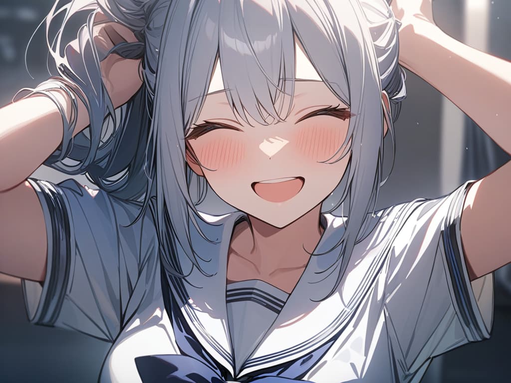  Sailor uniforms, tying hair, peace sign, laughing, masterpiece, best quality,8k,ultra detailed,high resolution,an extremely delicate and beautiful,hyper detail