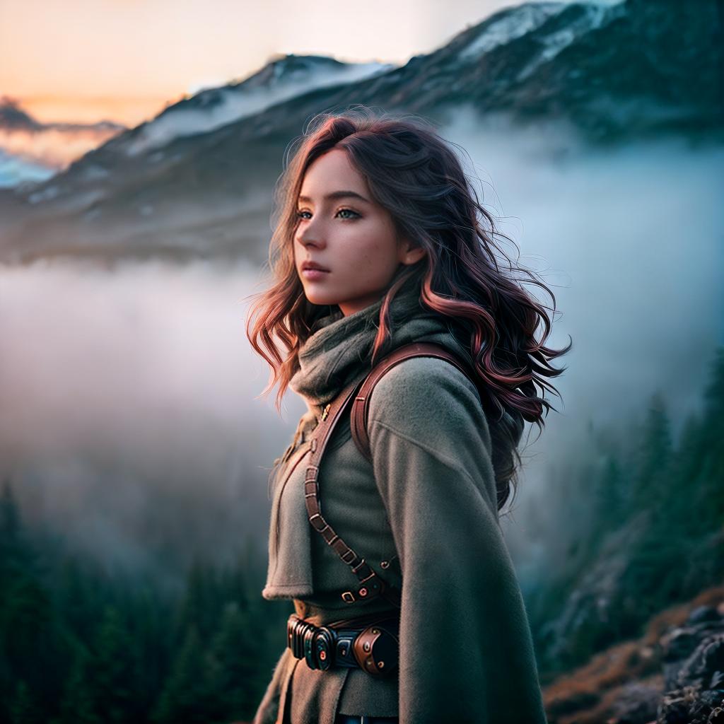  mountain girl ,highly detailed, cinematic lighting, stunningly beautiful, intricate, sharp focus, f1. 8, 85mm, (centered image composition), (professionally color graded), ((bright soft diffused light)), volumetric fog, trending on instagram, trending on tumblr, HDR 4K, 8K