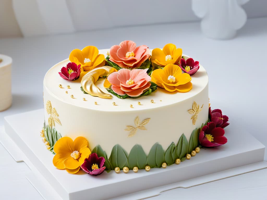  A closeup, ultradetailed image of a delicate, intricately decorated pastry with layers of colorful frosting, edible flowers, and gold leaf accents, displayed on a sleek, white marble surface. The image exudes elegance and craftsmanship, highlighting the artistry and precision involved in pastry making. hyperrealistic, full body, detailed clothing, highly detailed, cinematic lighting, stunningly beautiful, intricate, sharp focus, f/1. 8, 85mm, (centered image composition), (professionally color graded), ((bright soft diffused light)), volumetric fog, trending on instagram, trending on tumblr, HDR 4K, 8K