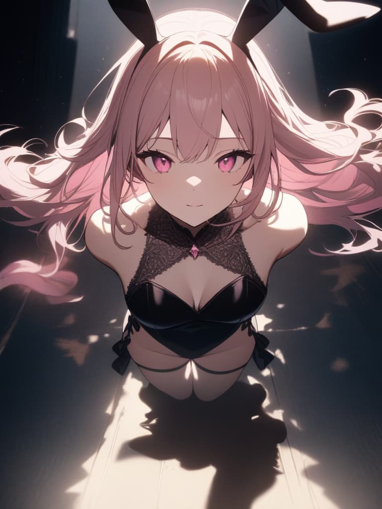  Bunny ,Usa ears,black bunny suit,thigh exposure,,y,big s,cute,beautiful ,pink hair,side tail,curly hair,one tied on the side,back hair,pink eyes,victory、ultra detailed,best shadow,cute and beautiful face,(masterpiece:1.2),(best quality:1.2),detailed background,high contrast,(best illumination,an extremely delicate and beautiful),((cinematic light)),hyper detail,dramatic light,intricate details,8k,anime,very aesthetic, masterpiece, best quality,8k,ultra detailed,high resolution,an extremely delicate and beautiful,hyper detail