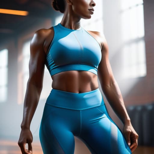  Beautiful african woman wearing tight lycra yoga tights and lycra crop top hyperrealistic, full body, detailed clothing, highly detailed, cinematic lighting, stunningly beautiful, intricate, sharp focus, f/1. 8, 85mm, (centered image composition), (professionally color graded), ((bright soft diffused light)), volumetric fog, trending on instagram, trending on tumblr, HDR 4K, 8K