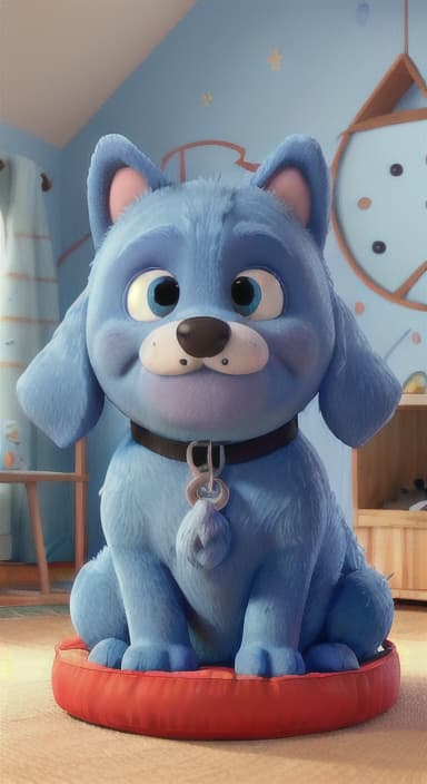  {Max snuggled up in his comfy dog bed inside the house, fast asleep, The big blue dog is large with sky blue fur, big round eyes, a black nose, and floppy ears.