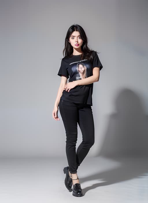  Full body shot, RAW Photo: a woman wear a black TRY NOW t shirt, Medium shot, highly detailed glossy eyes, high detailed skin, ADVERTISING PHOTO, high quality, ultrahigh resolution, highly detailed, (sharp focus), masterpiece