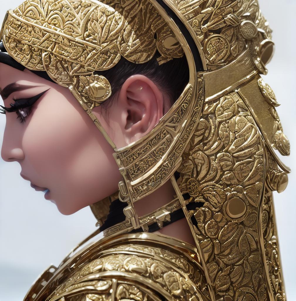  ((Side view:1.8)), ((masterpiece)),(((best quality))), ((futuristic empress, mature face, ((middle eastern eyes:1.4)), ((gold futuristic gown)), (((intricate futuristic breastplate))),