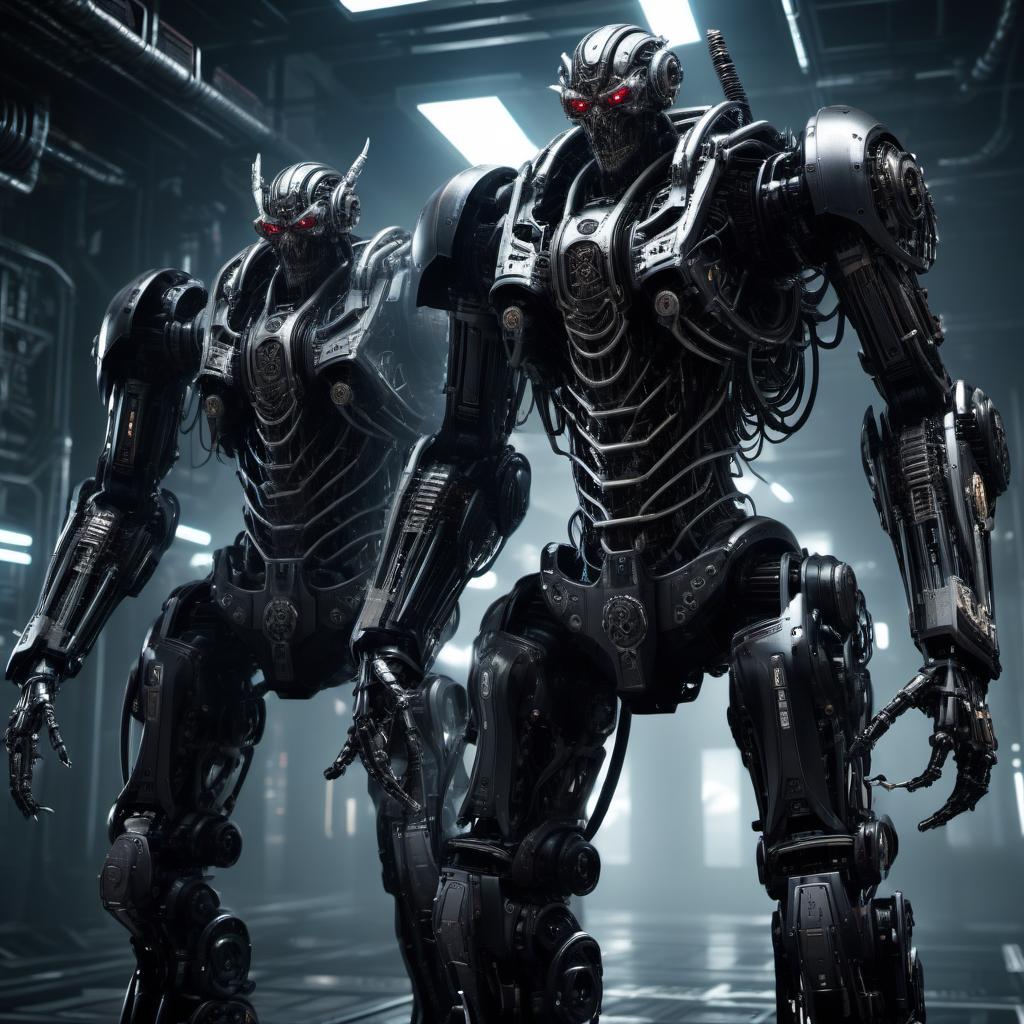  biomechanical cyberpunk two evil terrifying combat robots demon + opposition . cybernetics, human-machine fusion, dystopian, organic meets artificial, dark, intricate, highly detailed