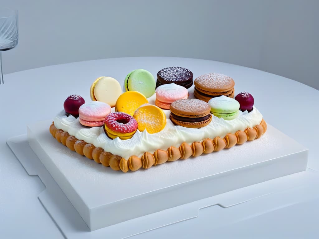  A beautifully crafted minimalist image featuring a topdown view of a pristine white marble countertop adorned with a meticulously arranged assortment of colorful and intricately decorated pastries. The pastries range from delicate macarons in pastel hues to decadent chocolate éclairs glistening with a glossy finish. Each pastry is artfully presented on elegant white ceramic plates, creating a visually striking display that exudes sophistication and craftsmanship. The soft natural light filtering through a nearby window casts gentle shadows, enhancing the texture and colors of the pastries, while the subtle sheen of the marble surface adds a touch of luxury to the scene. hyperrealistic, full body, detailed clothing, highly detailed, cinematic lighting, stunningly beautiful, intricate, sharp focus, f/1. 8, 85mm, (centered image composition), (professionally color graded), ((bright soft diffused light)), volumetric fog, trending on instagram, trending on tumblr, HDR 4K, 8K