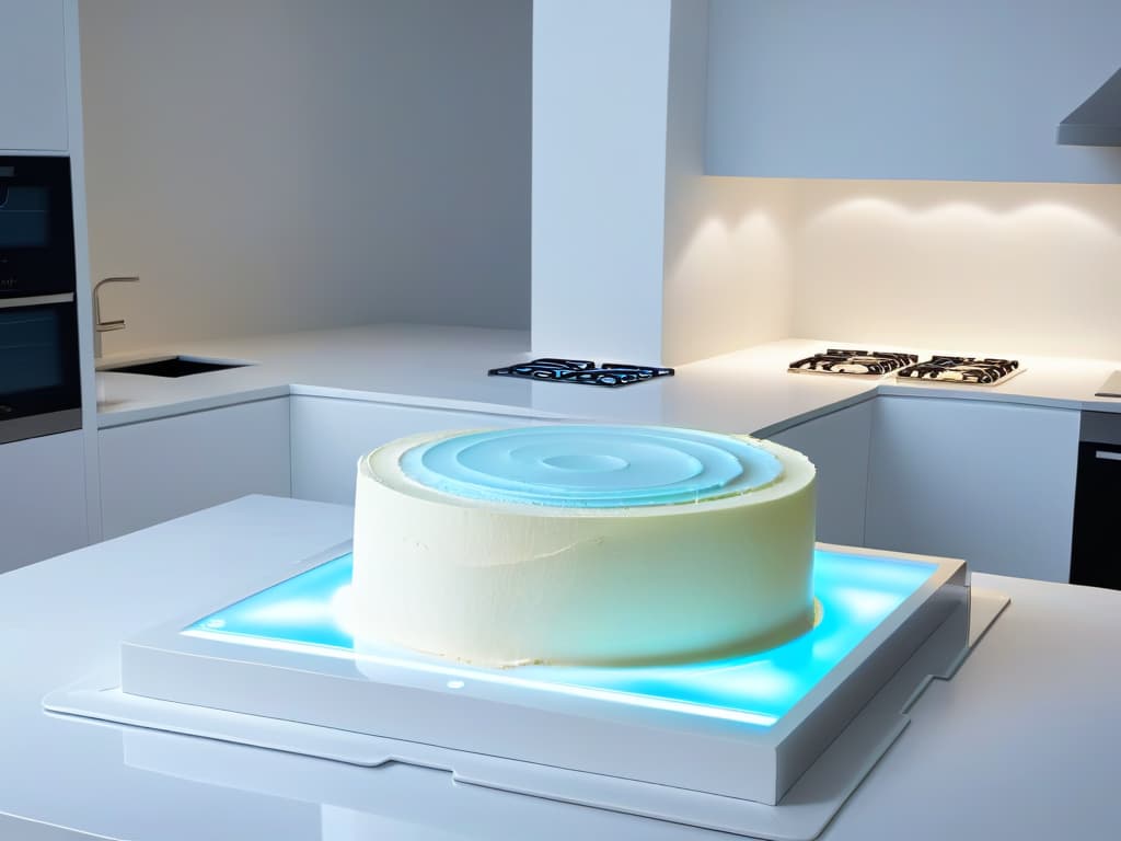  An ultradetailed 8k image of a sleek, modern kitchen with futuristic augmented reality baking tools floating in the air. The countertops are pristine white marble, reflecting the soft glow of holographic recipe instructions hovering above a minimalist, hightech oven. A digital display on the wall shows a mouthwatering virtual cake being created step by step, blending the boundaries between traditional baking and cuttingedge AR technology. hyperrealistic, full body, detailed clothing, highly detailed, cinematic lighting, stunningly beautiful, intricate, sharp focus, f/1. 8, 85mm, (centered image composition), (professionally color graded), ((bright soft diffused light)), volumetric fog, trending on instagram, trending on tumblr, HDR 4K, 8K