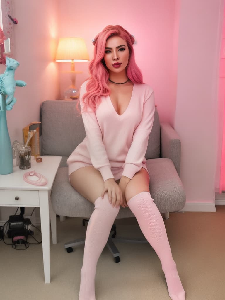  photography,LDR,HDR,UHD,4K,8K,32K,best quality,masterpiece,highly detailed,ultra fine,sharp focus,professional,vivid colorsProducts, Prompt: old korean , sitting on gaming chair, at home, next to computer, pink highlights in hair, pink lipstick, e aesthetic, blush, rgb lighting, video games, streamer room, podcast, pink , , knee high socks, id in hair, s, hard s hyperrealistic, full body, detailed clothing, highly detailed, cinematic lighting, stunningly beautiful, intricate, sharp focus, f/1. 8, 85mm, (centered image composition), (professionally color graded), ((bright soft diffused light)), volumetric fog, trending on instagram, trending on tumblr, HDR 4K, 8K