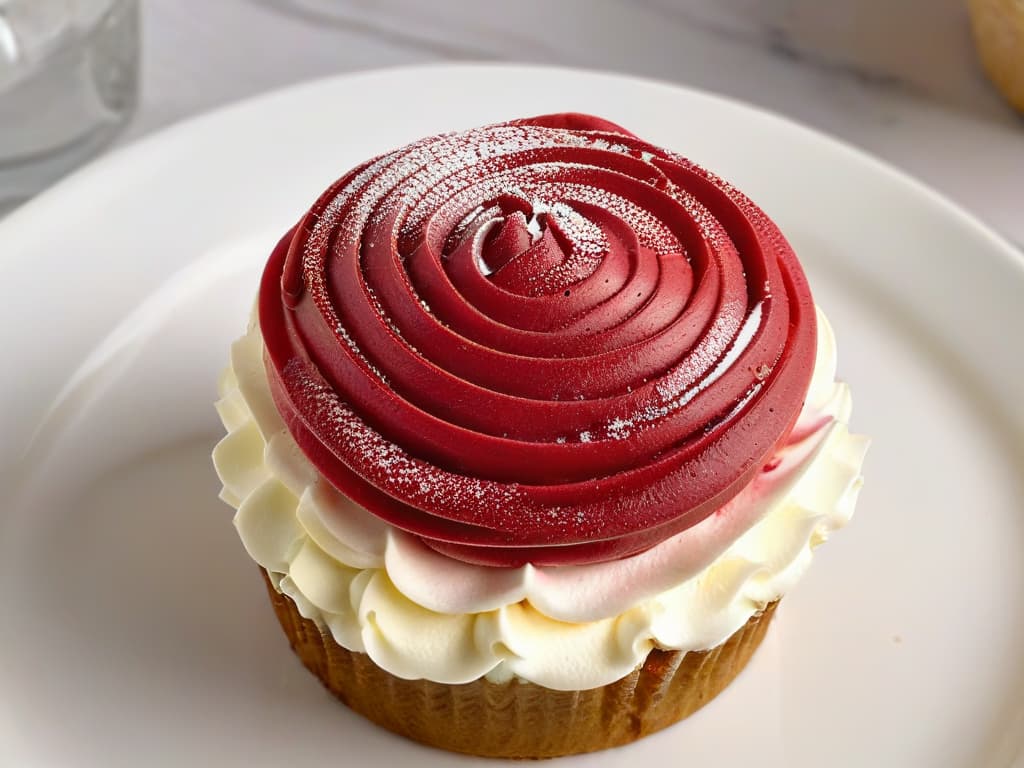  A closeup, ultradetailed image of a delicate, intricately designed dairyfree vegan cupcake with a smooth swirl of dairyfree frosting on top. The cupcake is adorned with a single fresh raspberry on top, showcasing its minimalistic yet elegant presentation. The frosting glistens slightly under a soft, natural light, highlighting the fine details of the swirls and texture. The background is blurred, emphasizing the cupcake as the focal point and evoking a sense of indulgence and sophistication that resonates with the article's theme of lactosefree dairy alternatives in sweet treats. hyperrealistic, full body, detailed clothing, highly detailed, cinematic lighting, stunningly beautiful, intricate, sharp focus, f/1. 8, 85mm, (centered image composition), (professionally color graded), ((bright soft diffused light)), volumetric fog, trending on instagram, trending on tumblr, HDR 4K, 8K