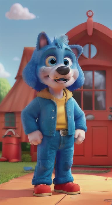  {Max the big blue dog standing in front of a cozy little house with a red door, The big blue dog is large with sky blue fur, big round eyes, a black nose, and floppy ears.