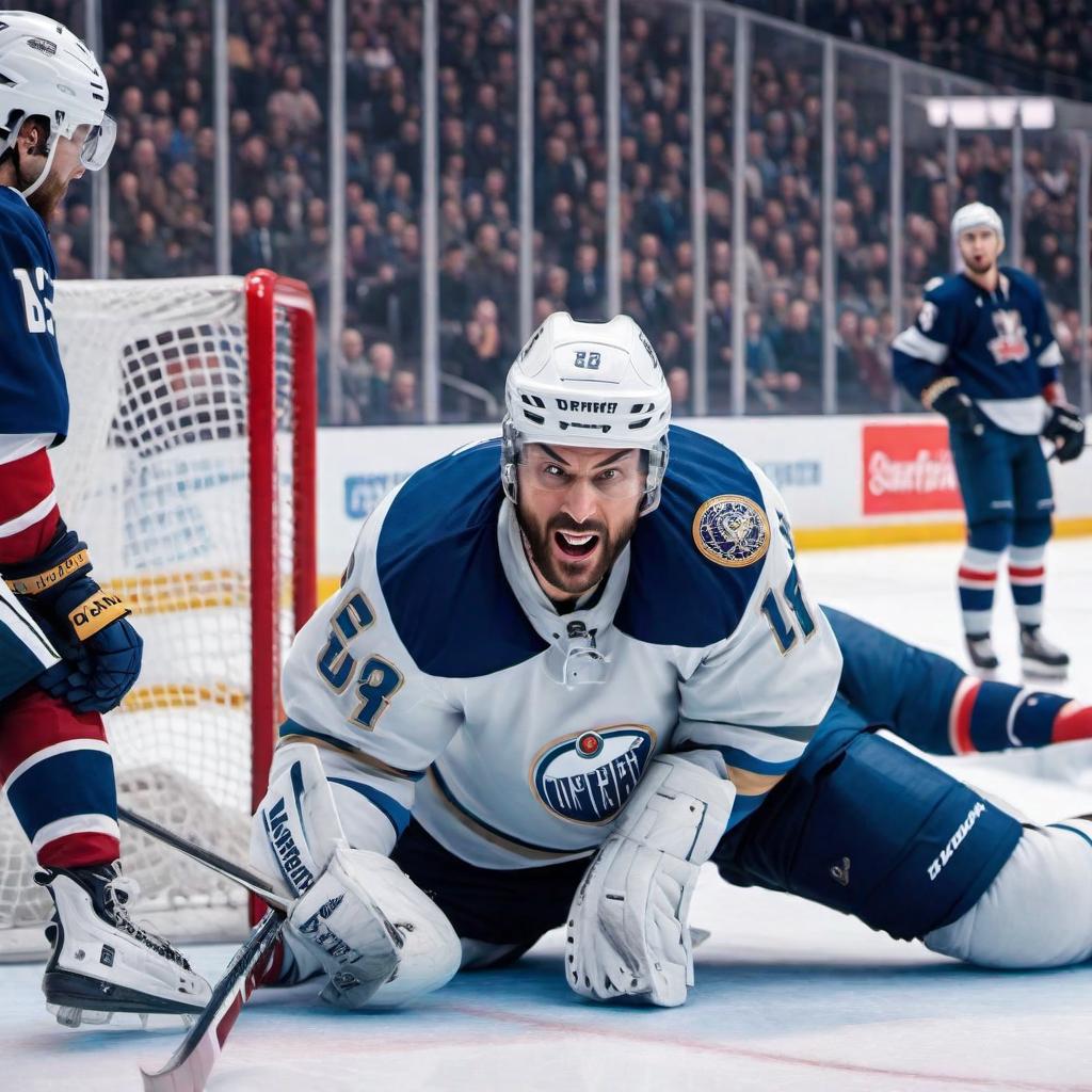  Create a funny ice hockey meme with a player slipping on the ice and others reacting in a hilarious way. hyperrealistic, full body, detailed clothing, highly detailed, cinematic lighting, stunningly beautiful, intricate, sharp focus, f/1. 8, 85mm, (centered image composition), (professionally color graded), ((bright soft diffused light)), volumetric fog, trending on instagram, trending on tumblr, HDR 4K, 8K