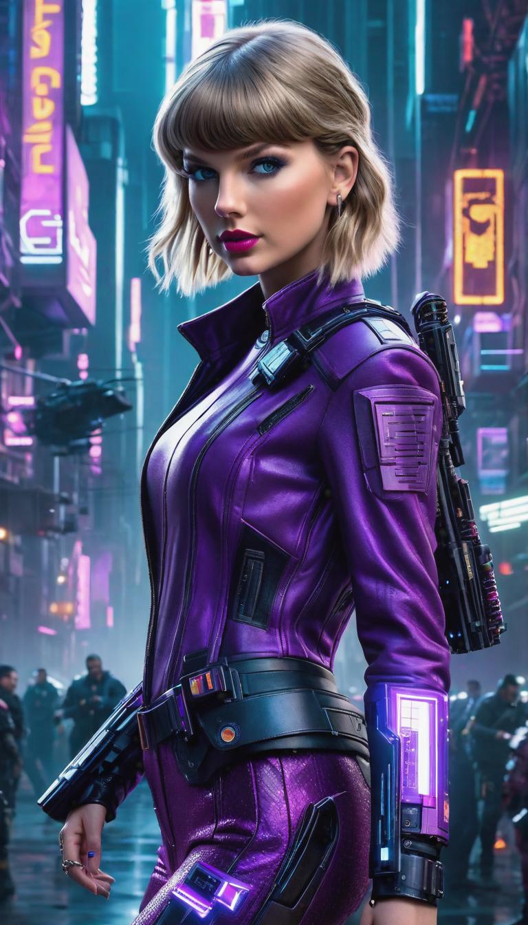  Cyberpunk style depiction of Taylor Swift wearing purple . The scene is set in a world where technology has advanced, but society and human conditions have not, creating a gritty, dystopian atmosphere. hyperrealistic, full body, detailed clothing, highly detailed, cinematic lighting, stunningly beautiful, intricate, sharp focus, f/1. 8, 85mm, (centered image composition), (professionally color graded), ((bright soft diffused light)), volumetric fog, trending on instagram, trending on tumblr, HDR 4K, 8K