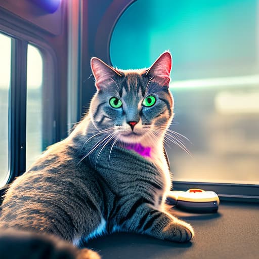 nvinkpunk Realistic image of a cat wearing headphones and reading glasses while riding a bus., hyperrealism hyperrealistic, full body, detailed clothing, highly detailed, cinematic lighting, stunningly beautiful, intricate, sharp focus, f/1. 8, 85mm, (centered image composition), (professionally color graded), ((bright soft diffused light)), volumetric fog, trending on instagram, trending on tumblr, HDR 4K, 8K